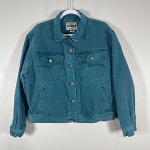 VTG County Seat Denim Jacket Teal Womens Medium Western 90s Country Trucker Y2K